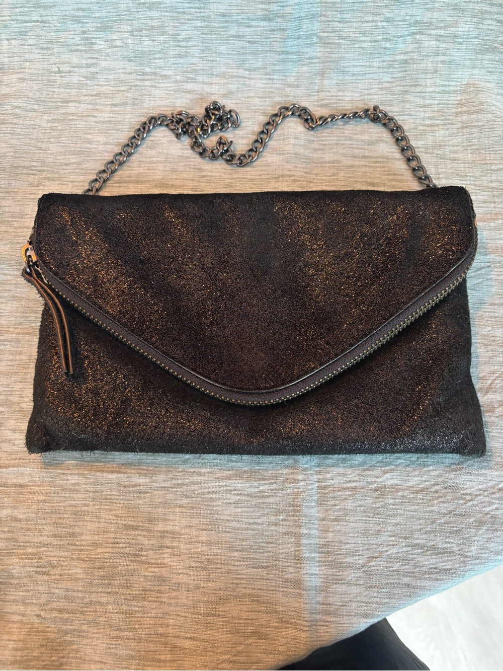 J Crew Black Suede Fold-Over Chain Envelope Purse